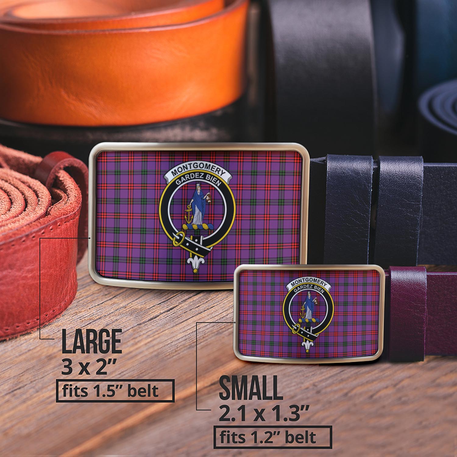 Montgomery Tartan Belt Buckles with Family Crest - Tartan Vibes Clothing