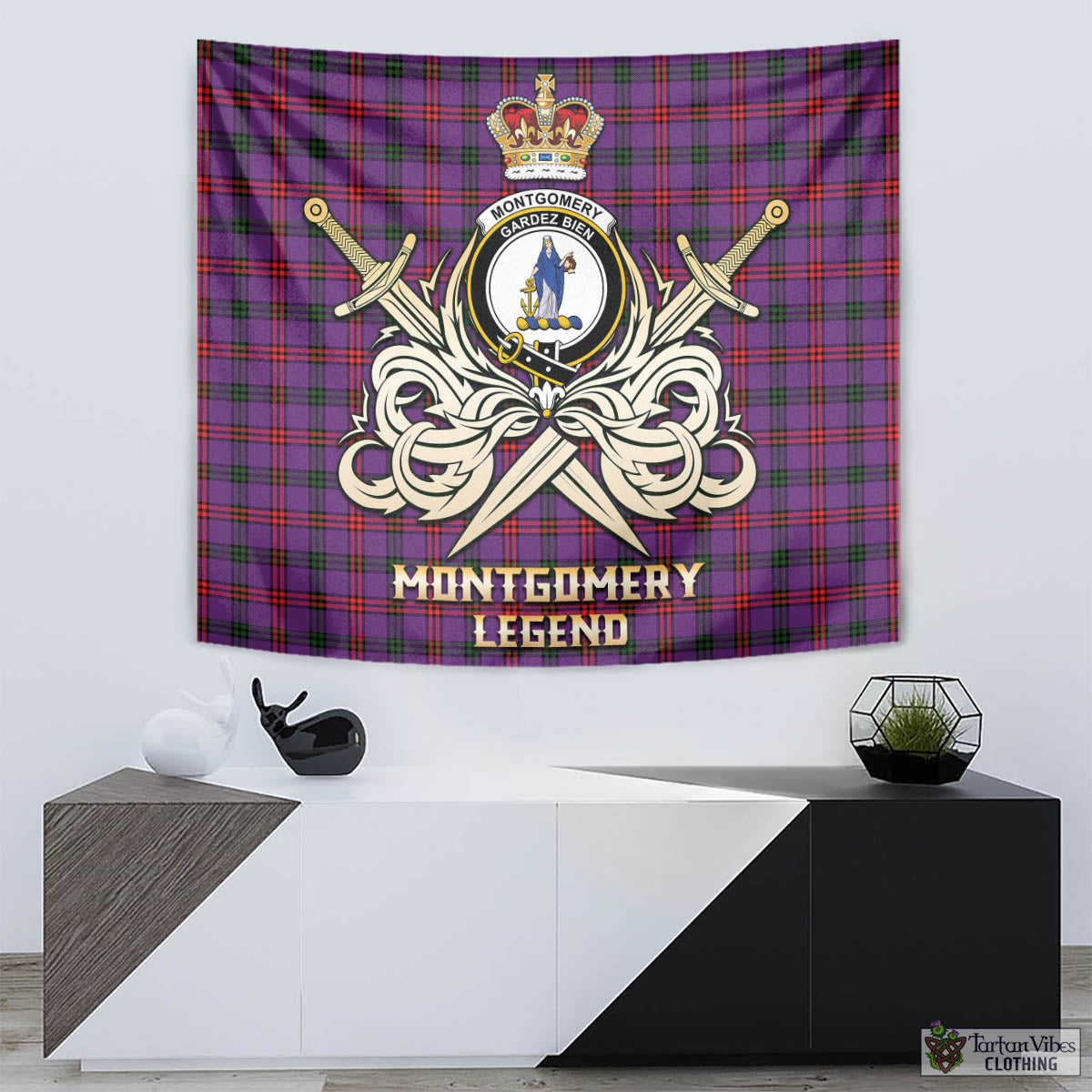 Tartan Vibes Clothing Montgomery Modern Tartan Tapestry with Clan Crest and the Golden Sword of Courageous Legacy