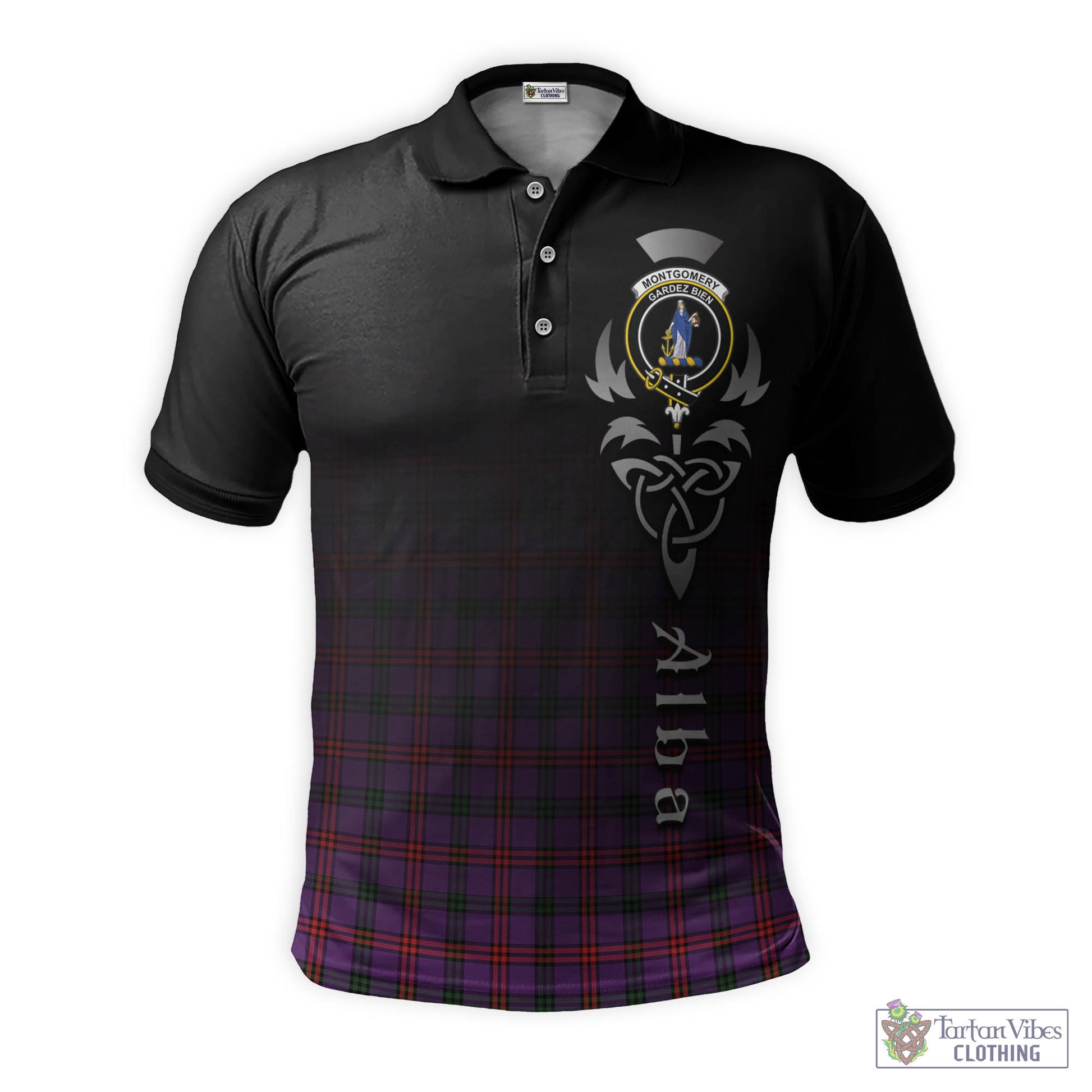 Tartan Vibes Clothing Montgomery Modern Tartan Polo Shirt Featuring Alba Gu Brath Family Crest Celtic Inspired