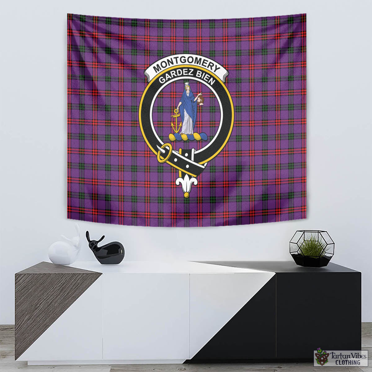 Tartan Vibes Clothing Montgomery Modern Tartan Tapestry Wall Hanging and Home Decor for Room with Family Crest