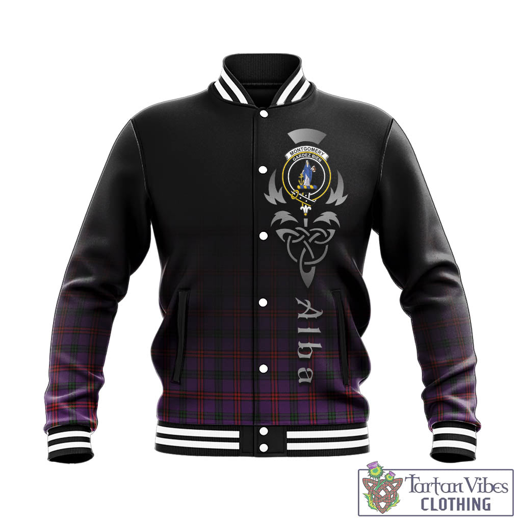 Tartan Vibes Clothing Montgomery Modern Tartan Baseball Jacket Featuring Alba Gu Brath Family Crest Celtic Inspired