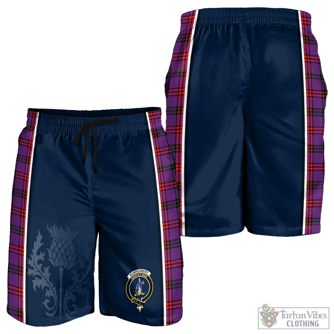 Tartan Vibes Clothing Montgomery Modern Tartan Men's Shorts with Family Crest and Scottish Thistle Vibes Sport Style