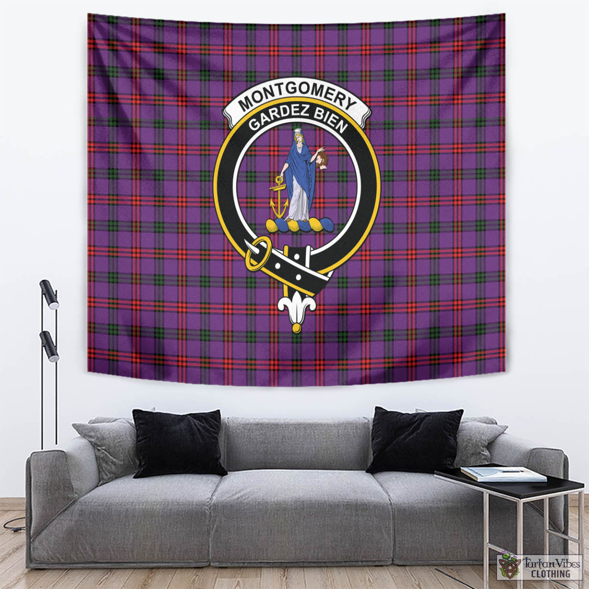 Tartan Vibes Clothing Montgomery Modern Tartan Tapestry Wall Hanging and Home Decor for Room with Family Crest