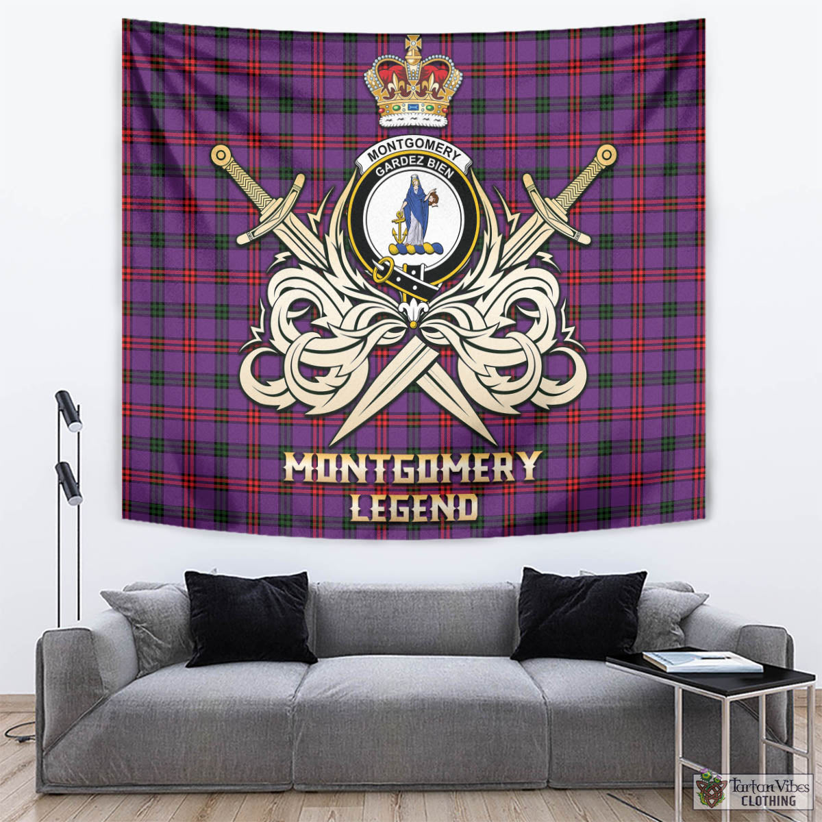 Tartan Vibes Clothing Montgomery Modern Tartan Tapestry with Clan Crest and the Golden Sword of Courageous Legacy