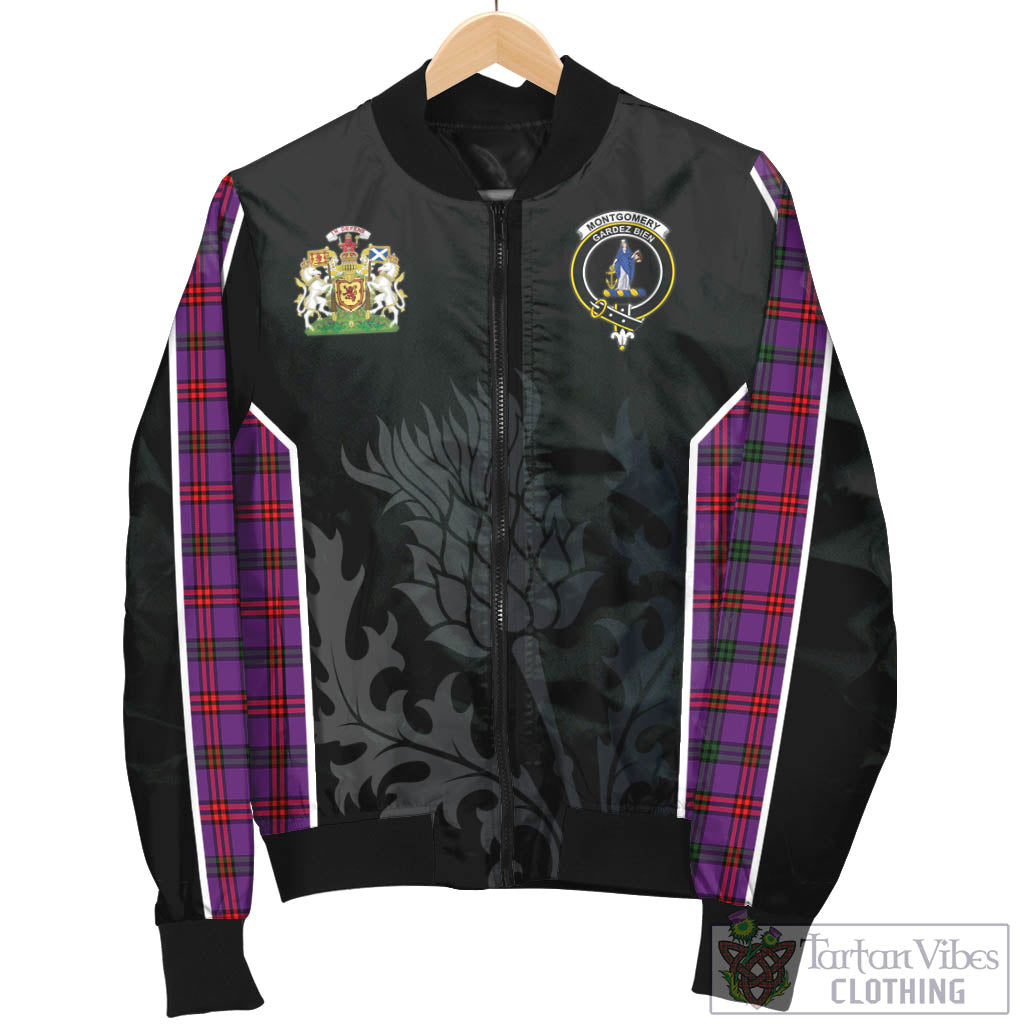 Tartan Vibes Clothing Montgomery Modern Tartan Bomber Jacket with Family Crest and Scottish Thistle Vibes Sport Style