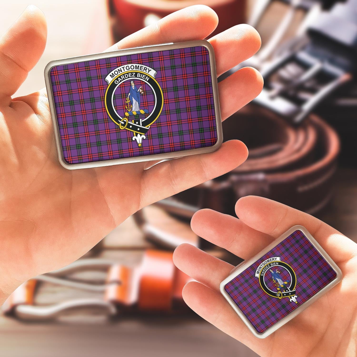 Montgomery Tartan Belt Buckles with Family Crest - Tartan Vibes Clothing