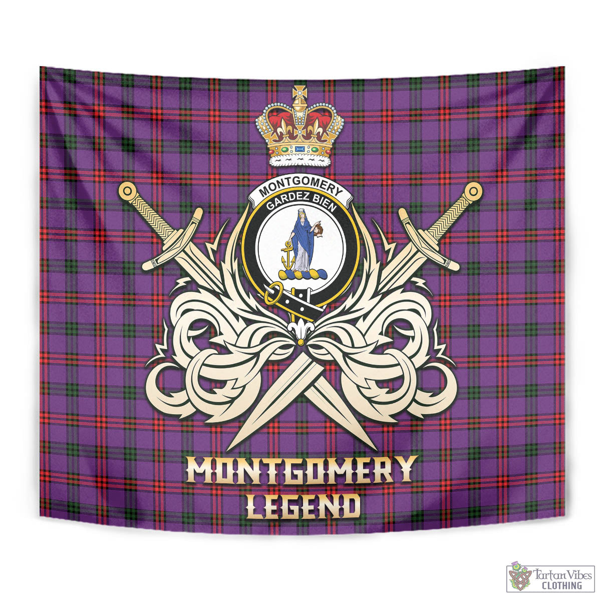 Tartan Vibes Clothing Montgomery Modern Tartan Tapestry with Clan Crest and the Golden Sword of Courageous Legacy