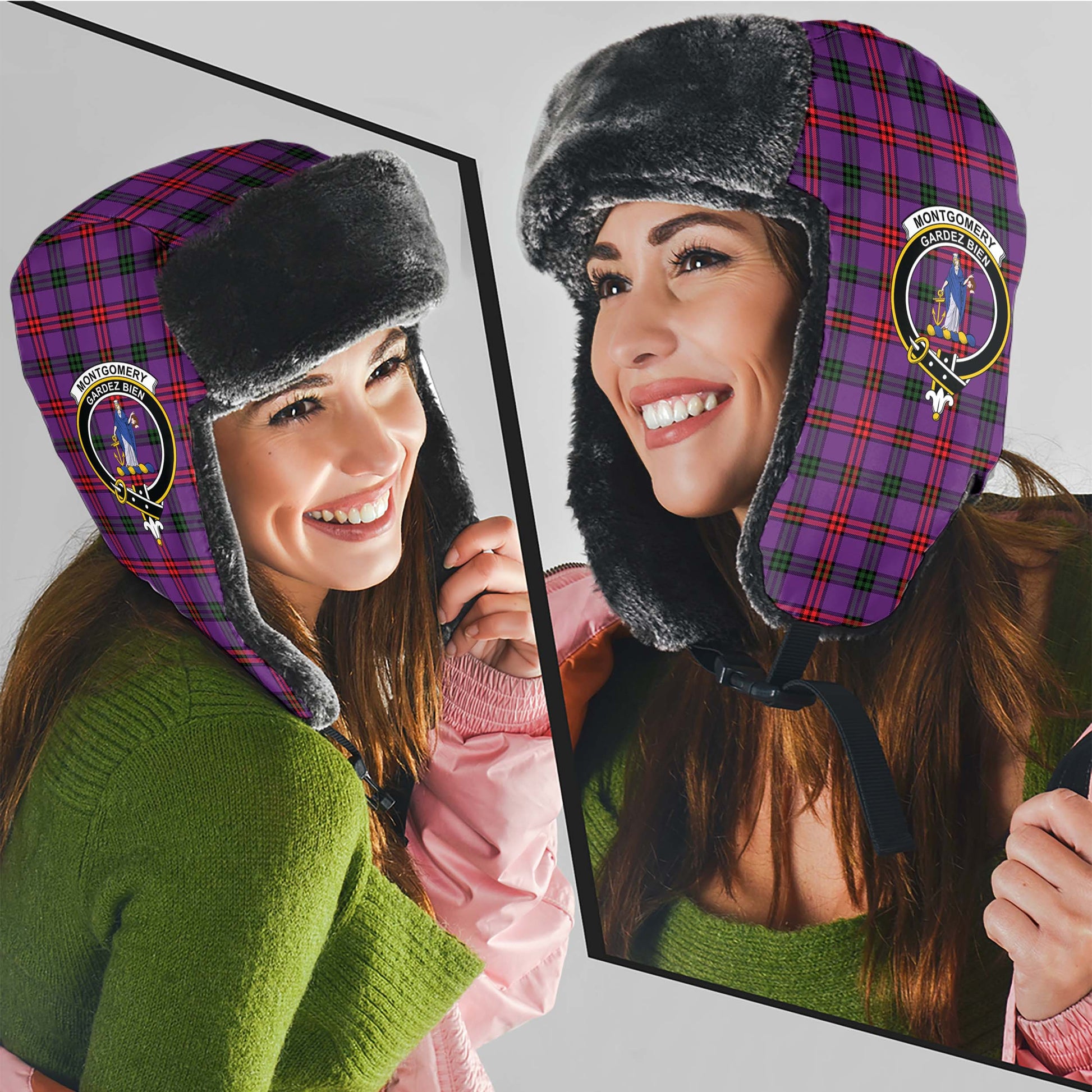 Montgomery Modern Tartan Winter Trapper Hat with Family Crest - Tartanvibesclothing