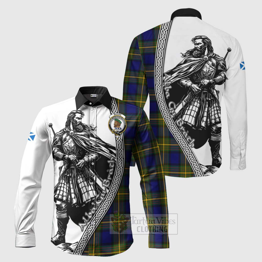 Tartan Vibes Clothing Moore Tartan Clan Crest Long Sleeve Button Shirt with Highlander Warrior Celtic Style