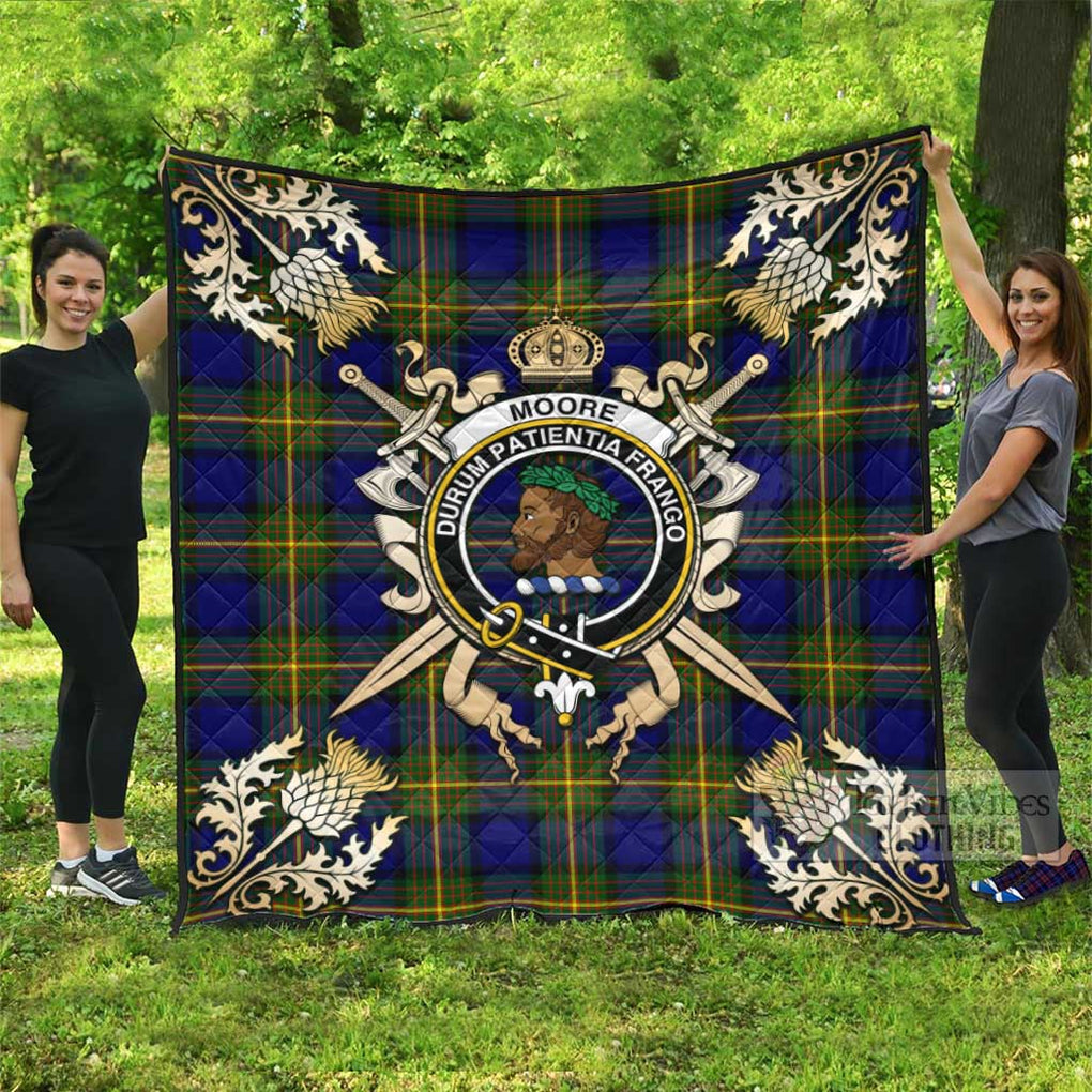 Tartan Vibes Clothing Moore Tartan Quilt with Family Crest and Scottish Golden Courage Shield