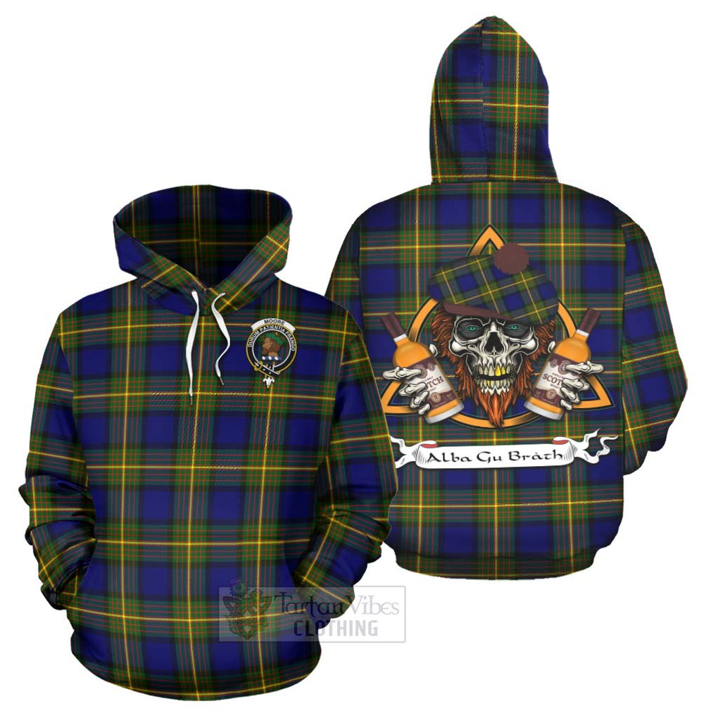 Tartan Vibes Clothing Moore Tartan Hoodie with Family Crest and Bearded Skull Holding Bottles of Whiskey