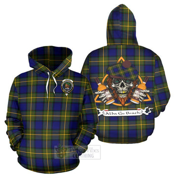 Moore Tartan Hoodie with Family Crest and Bearded Skull Holding Bottles of Whiskey