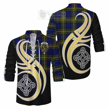 Moore Tartan Ghillie Kilt Shirt with Family Crest and Celtic Symbol Style