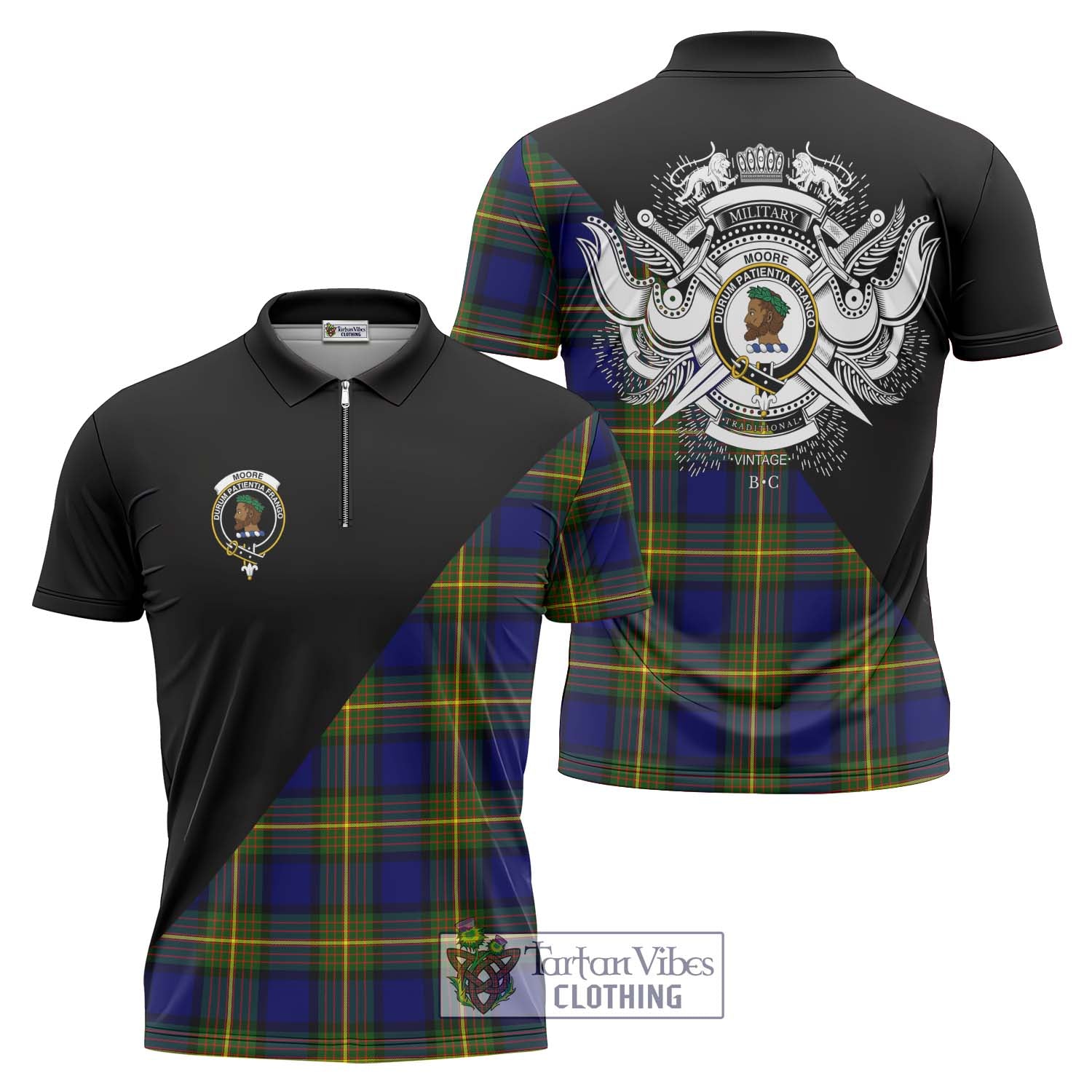 Tartan Vibes Clothing Moore Tartan Zipper Polo Shirt with Family Crest and Military Logo Style