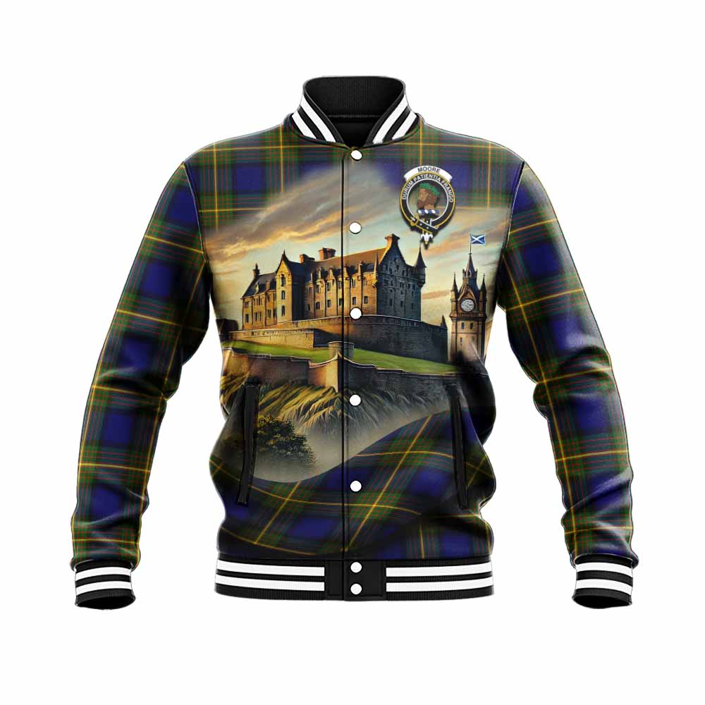 Moore Tartan Family Crest Baseball Jacket with Scottish Ancient Castle Style Unisex - Tartan Vibes Clothing