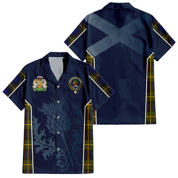 Moore Tartan Short Sleeve Button Up Shirt with Family Crest and Scottish Thistle Vibes Sport Style