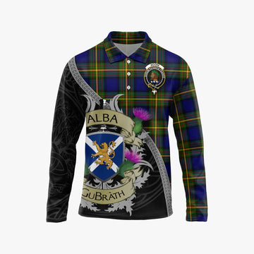 Moore Tartan Family Crest Long Sleeve Polo Shirt Lion Rampant Royal Thistle Shield Celtic Inspired Unisex - Tartan Vibes Clothing