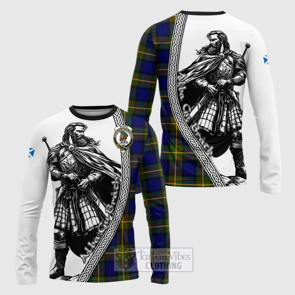 Tartan Vibes Clothing Moore Tartan Clan Crest Long Sleeve T-Shirt with Highlander Warrior Celtic Style