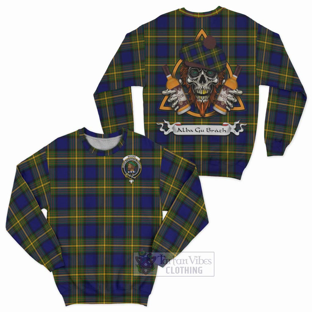 Tartan Vibes Clothing Moore Tartan Sweatshirt with Family Crest and Bearded Skull Holding Bottles of Whiskey