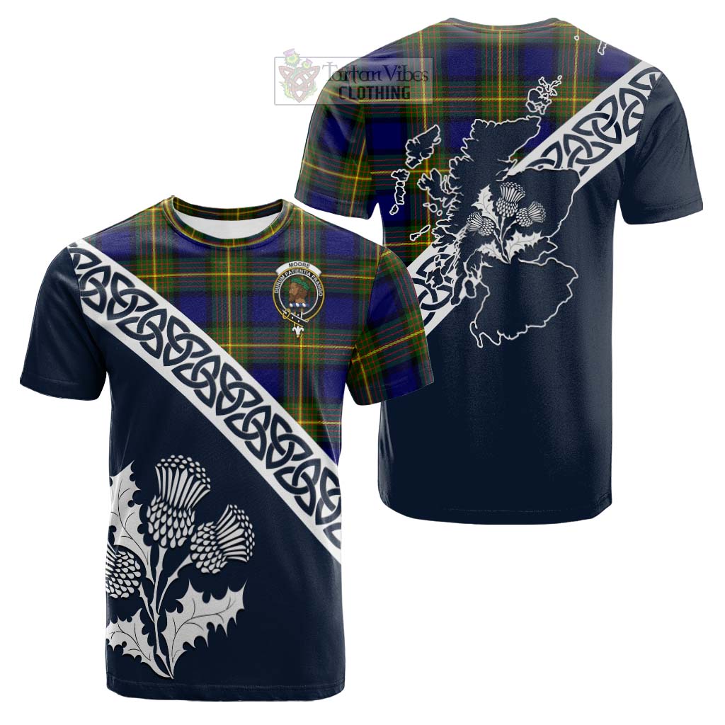 Tartan Vibes Clothing Moore Tartan Cotton T-shirt Featuring Thistle and Scotland Map