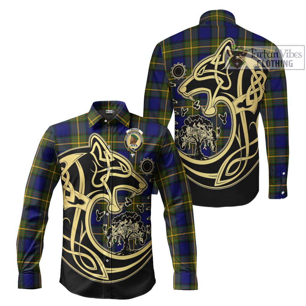 Moore Tartan Long Sleeve Button Shirt with Family Crest Celtic Wolf Style Men's Shirt S - Tartan Vibes Clothing