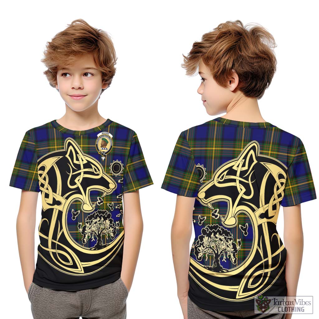 Tartan Vibes Clothing Moore Tartan Kid T-Shirt with Family Crest Celtic Wolf Style