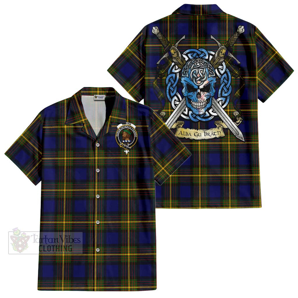 Tartan Vibes Clothing Moore Tartan Short Sleeve Button Shirt with Family Crest Celtic Skull Style