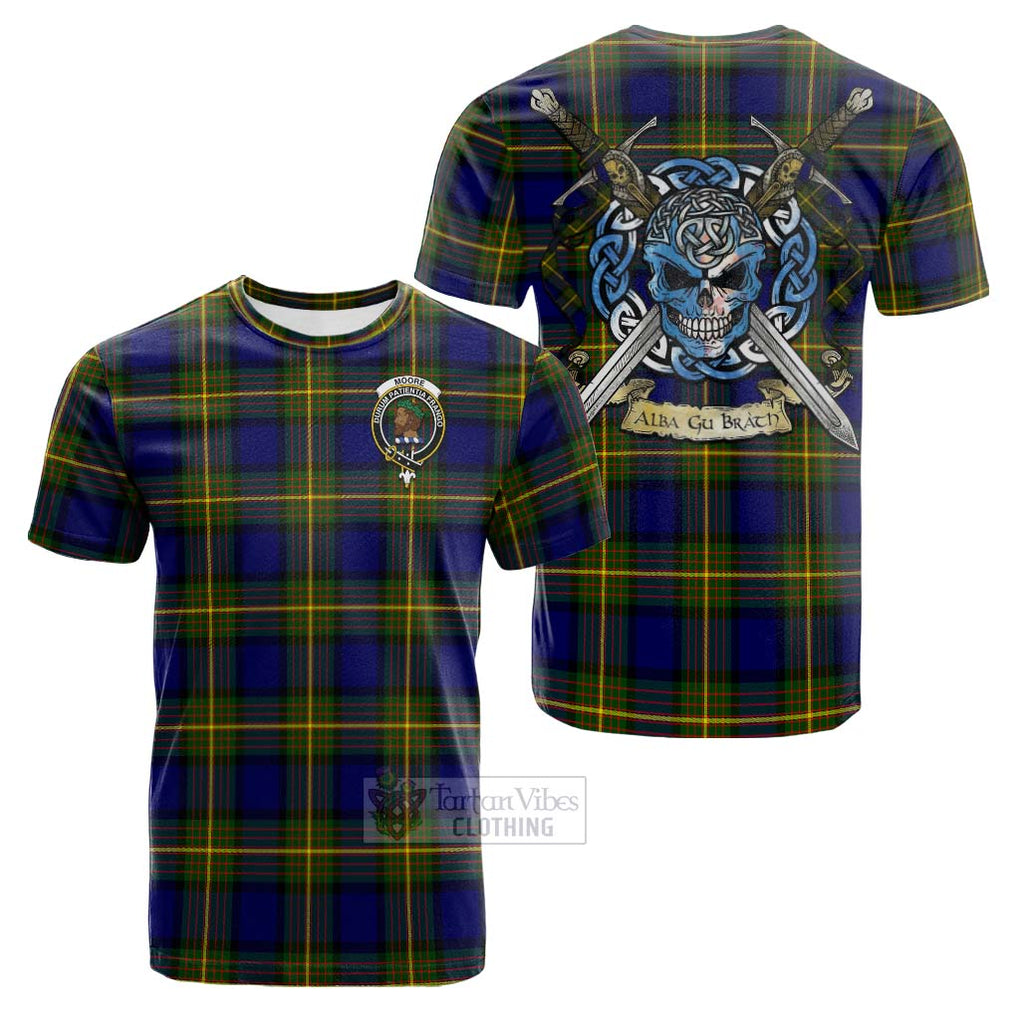 Tartan Vibes Clothing Moore Tartan Cotton T-shirt with Family Crest Celtic Skull Style