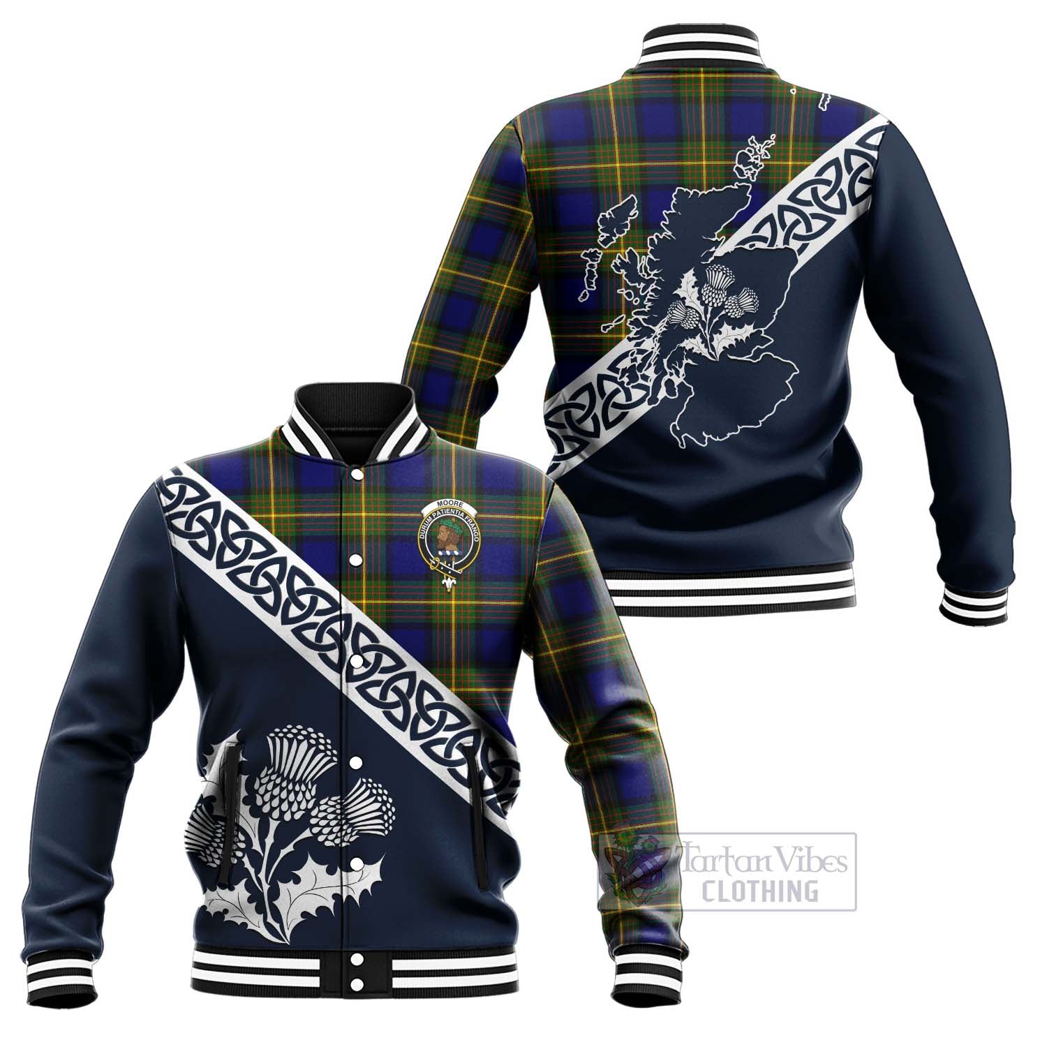 Tartan Vibes Clothing Moore Tartan Baseball Jacket Featuring Thistle and Scotland Map