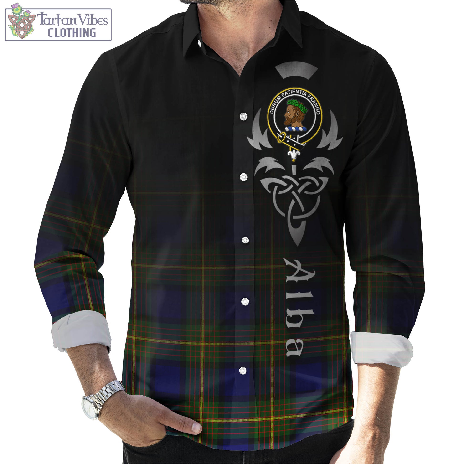 Tartan Vibes Clothing Moore Tartan Long Sleeve Button Up Featuring Alba Gu Brath Family Crest Celtic Inspired