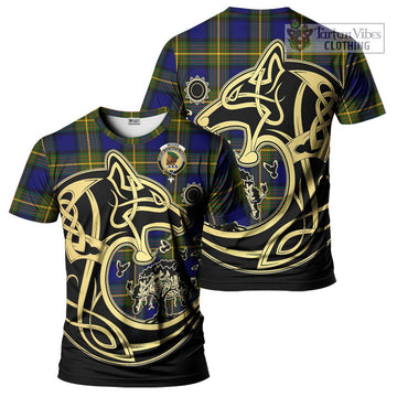 Moore Tartan T-Shirt with Family Crest Celtic Wolf Style