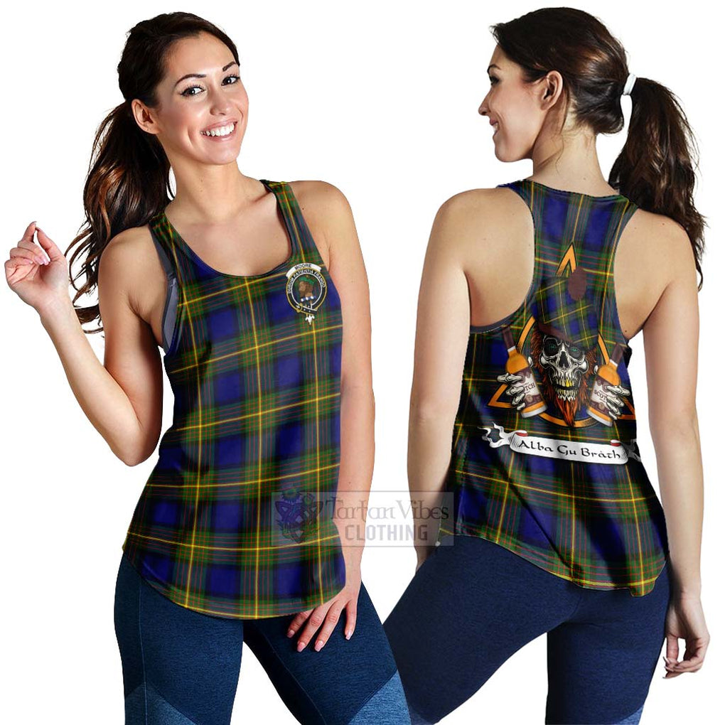 Tartan Vibes Clothing Moore Tartan Women's Racerback Tanks with Family Crest and Bearded Skull Holding Bottles of Whiskey