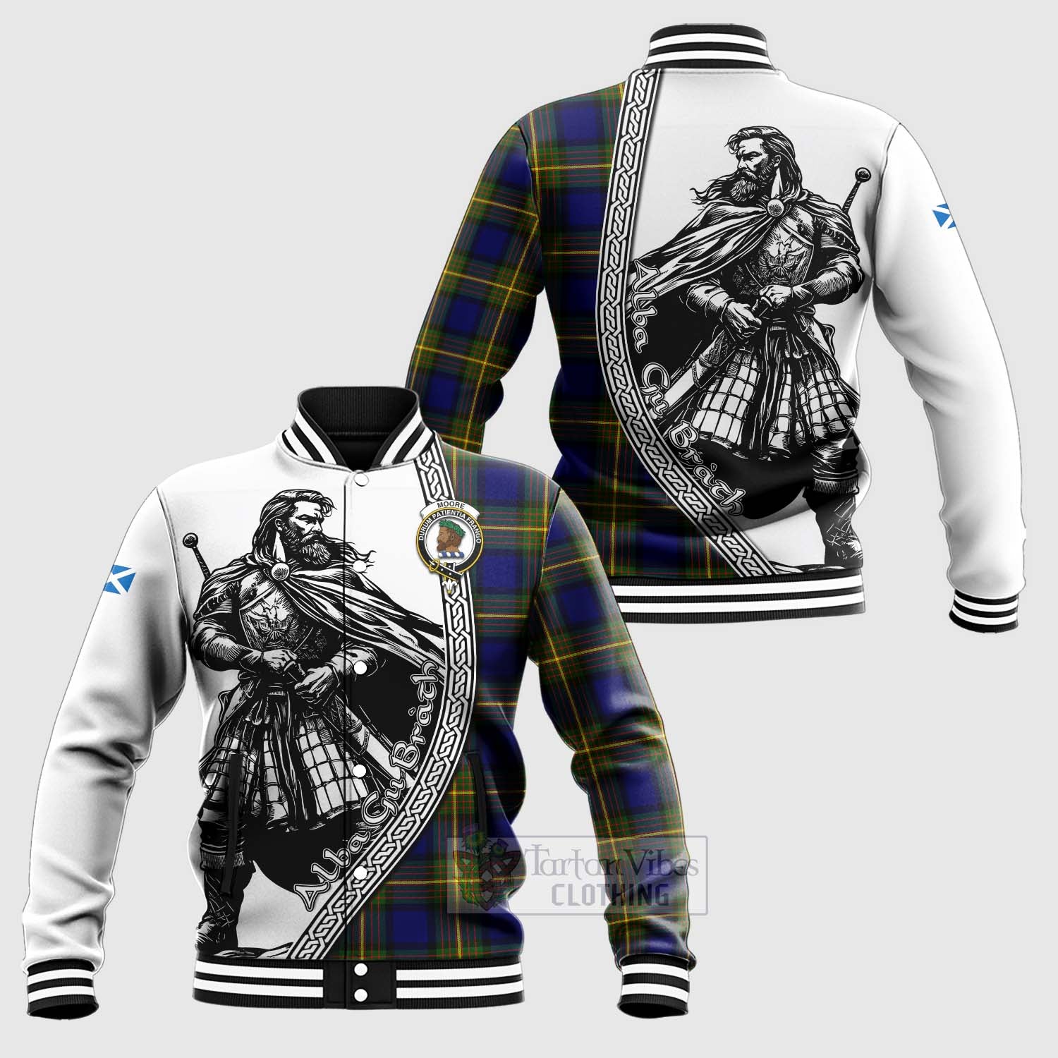 Tartan Vibes Clothing Moore Tartan Clan Crest Baseball Jacket with Highlander Warrior Celtic Style