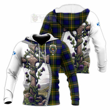 Moore Tartan Knitted Hoodie with Family Crest and St. Andrew's Cross Accented by Thistle Vines