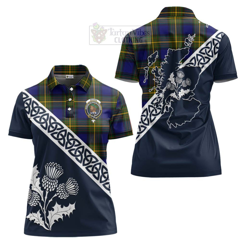 Tartan Vibes Clothing Moore Tartan Women's Polo Shirt Featuring Thistle and Scotland Map