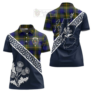 Moore Tartan Women's Polo Shirt Featuring Thistle and Scotland Map