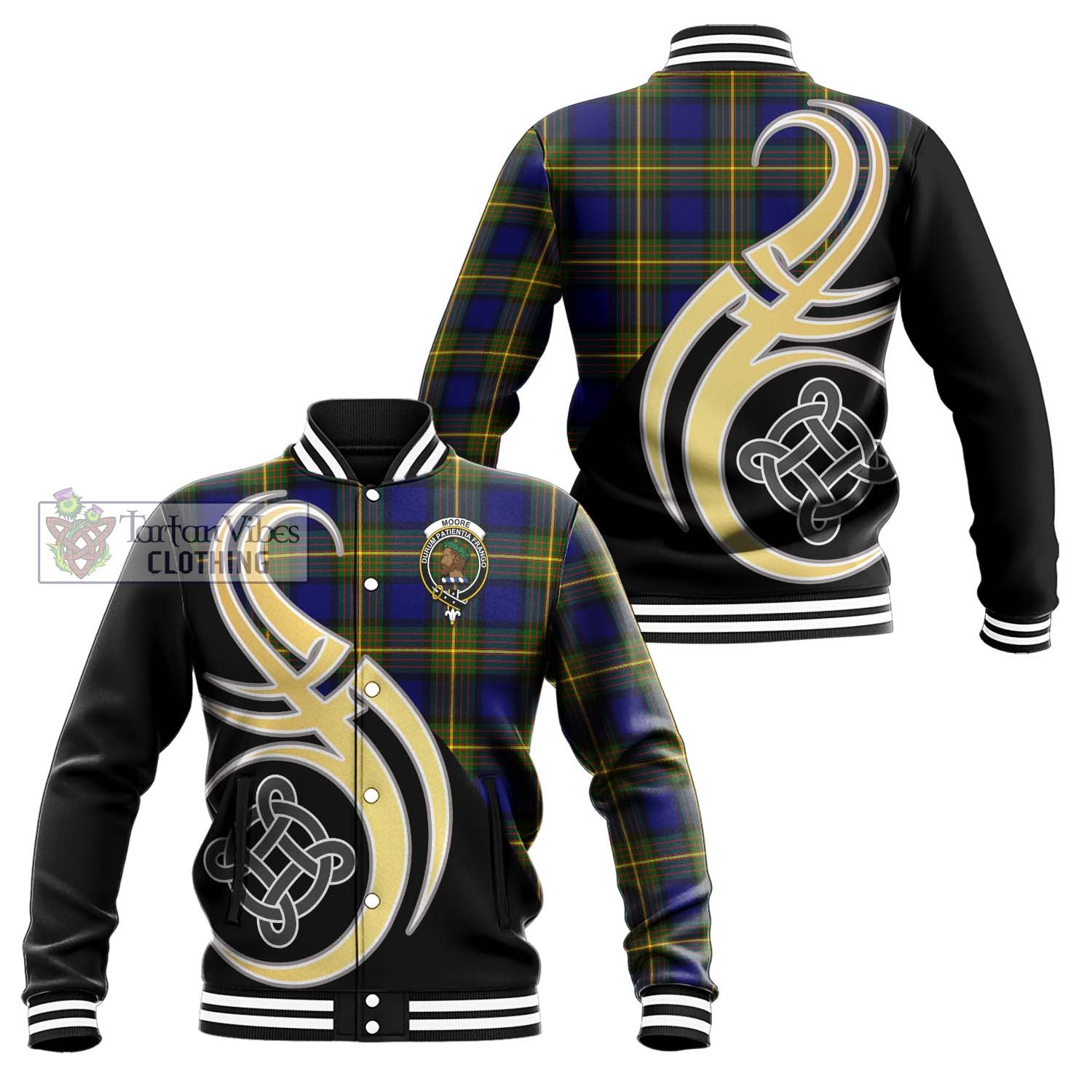 Tartan Vibes Clothing Moore Tartan Baseball Jacket with Family Crest and Celtic Symbol Style
