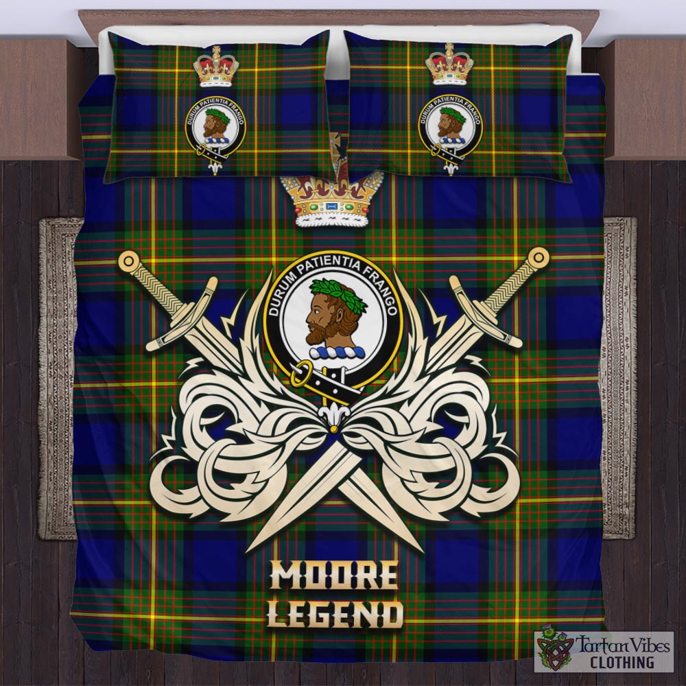 Tartan Vibes Clothing Moore Tartan Bedding Set with Clan Crest and the Golden Sword of Courageous Legacy