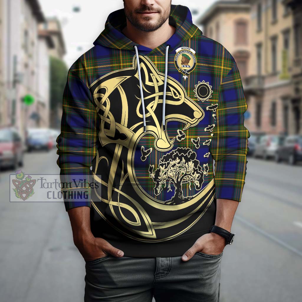 Tartan Vibes Clothing Moore Tartan Hoodie with Family Crest Celtic Wolf Style