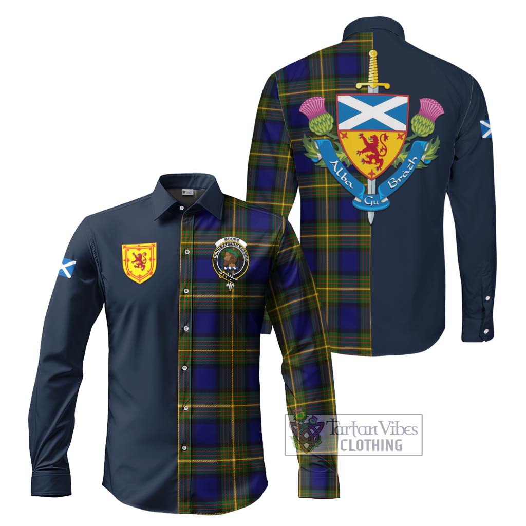 Tartan Vibes Clothing Moore Tartan Long Sleeve Button Shirt with Scottish Lion Royal Arm Half Style