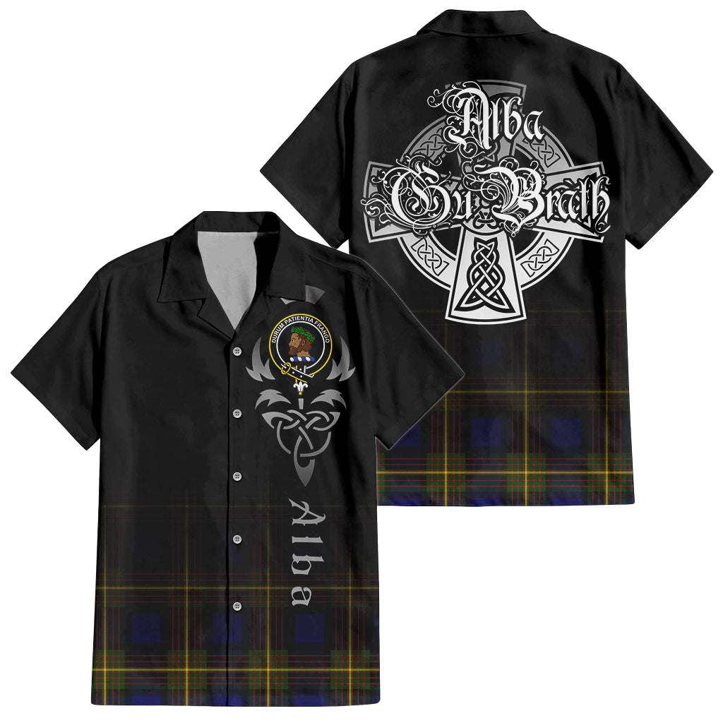 Tartan Vibes Clothing Moore Tartan Short Sleeve Button Up Featuring Alba Gu Brath Family Crest Celtic Inspired