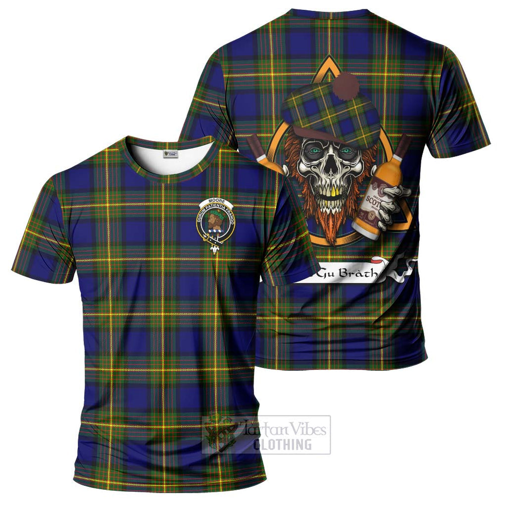 Tartan Vibes Clothing Moore Tartan T-Shirt with Family Crest and Bearded Skull Holding Bottles of Whiskey