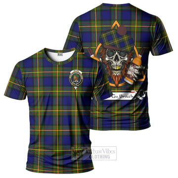 Moore Tartan T-Shirt with Family Crest and Bearded Skull Holding Bottles of Whiskey