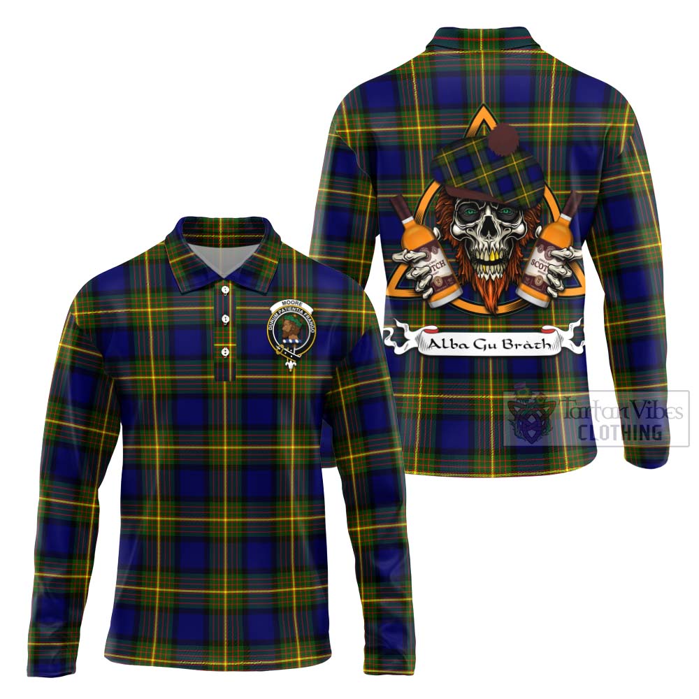 Tartan Vibes Clothing Moore Tartan Long Sleeve Polo Shirt with Family Crest and Bearded Skull Holding Bottles of Whiskey