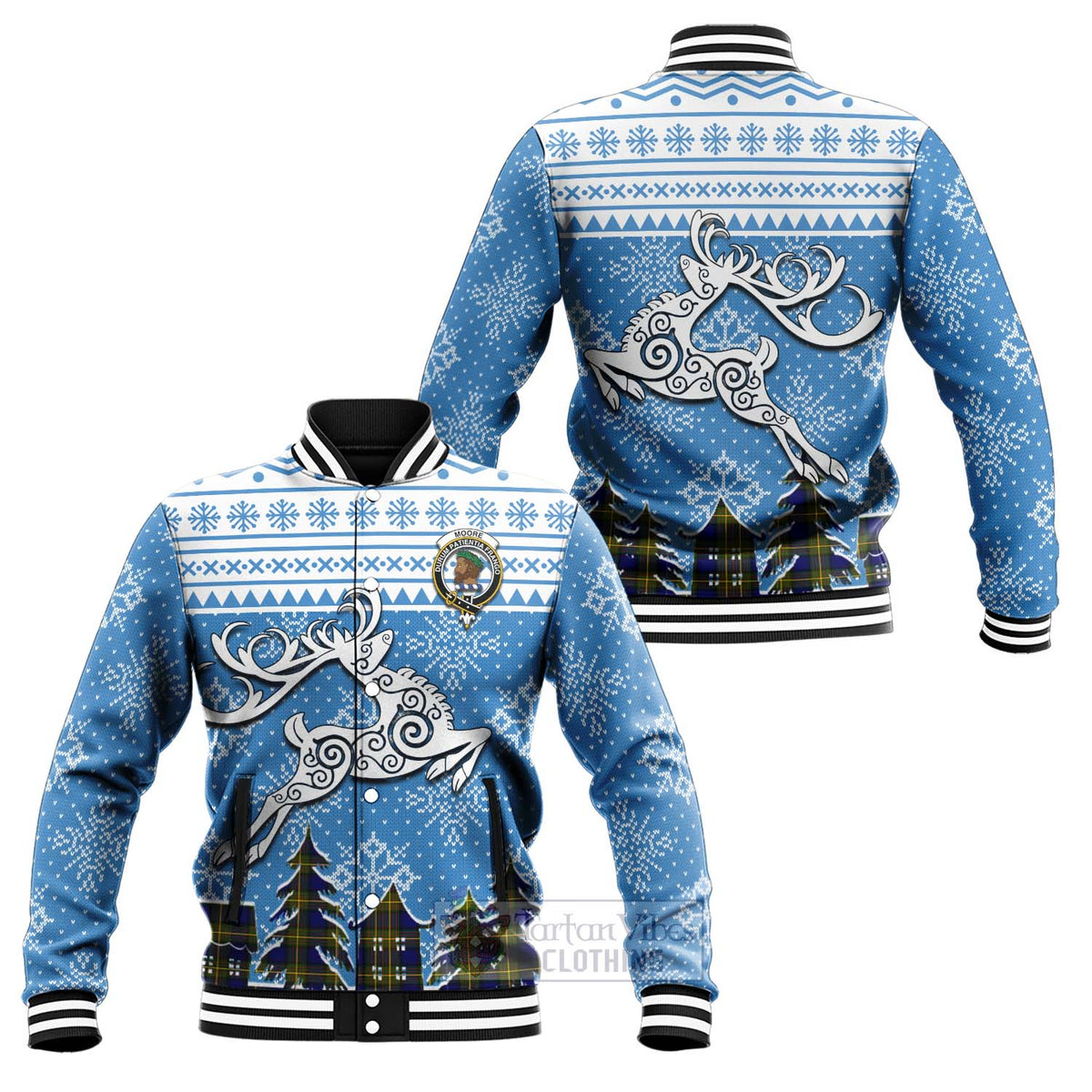 Moore Clan Christmas Baseball Jacket Celtic Reindeer Style Unisex - Tartan Vibes Clothing
