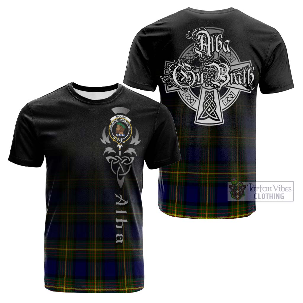 Tartan Vibes Clothing Moore Tartan Cotton T-shirt Featuring Alba Gu Brath Family Crest Celtic Inspired