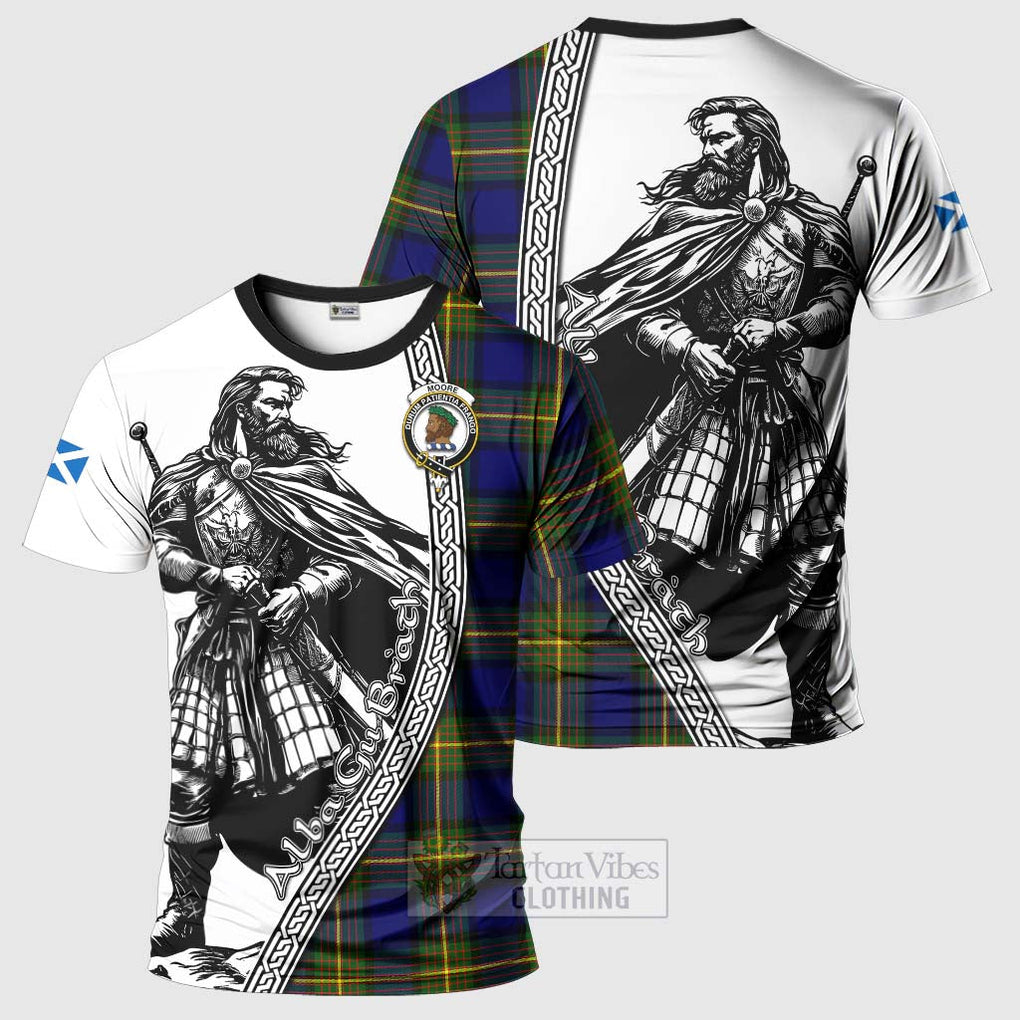 Tartan Vibes Clothing Moore Tartan Clan Crest T-Shirt with Highlander Warrior Celtic Style