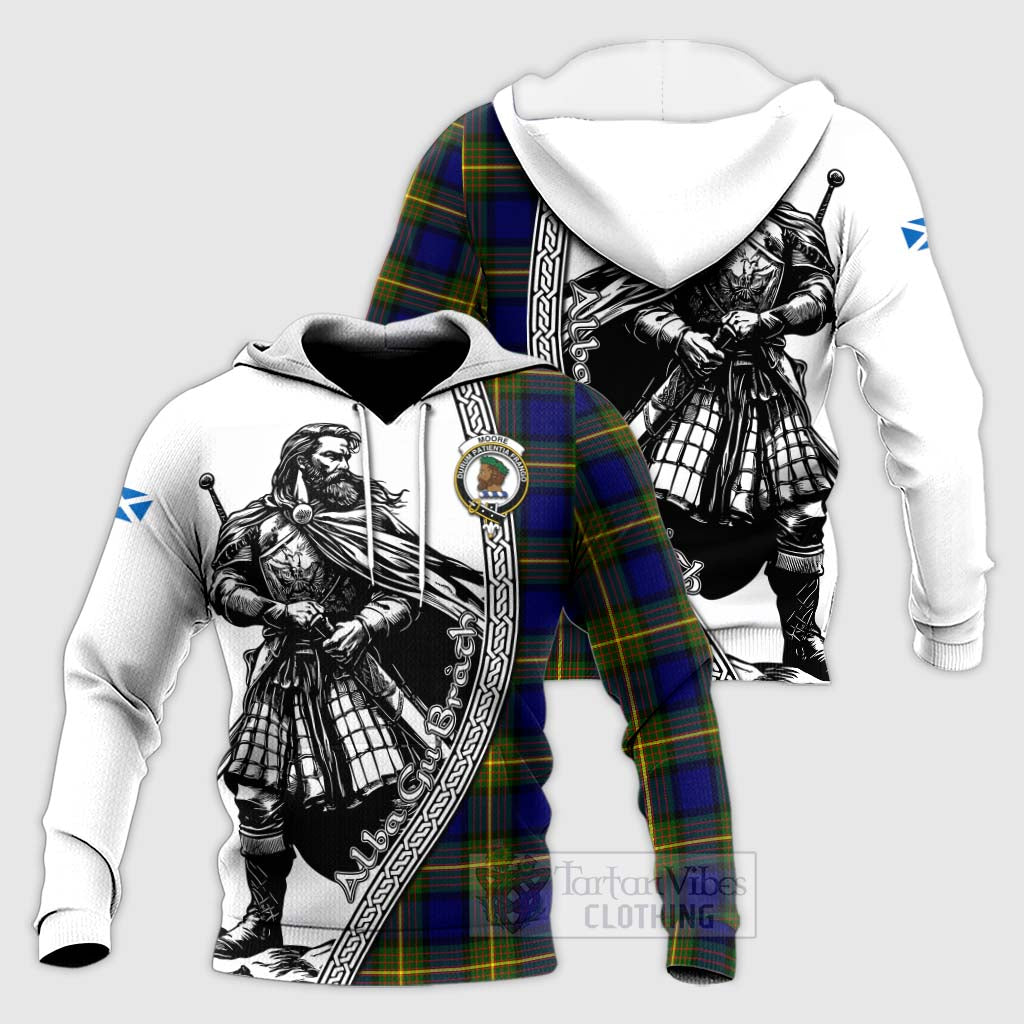 Tartan Vibes Clothing Moore Tartan Clan Crest Knitted Hoodie with Highlander Warrior Celtic Style