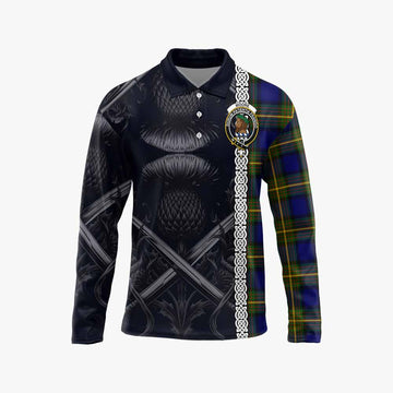 Moore Tartan Long Sleeve Polo Shirt with Family Crest Cross Sword Thistle Celtic Vibes Unisex - Tartan Vibes Clothing