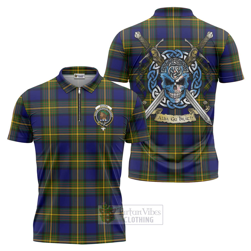 Tartan Vibes Clothing Moore Tartan Zipper Polo Shirt with Family Crest Celtic Skull Style